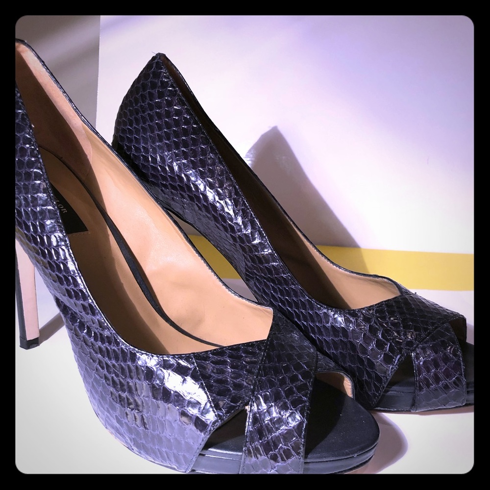 Navy croc-leather platform open toe shoes.